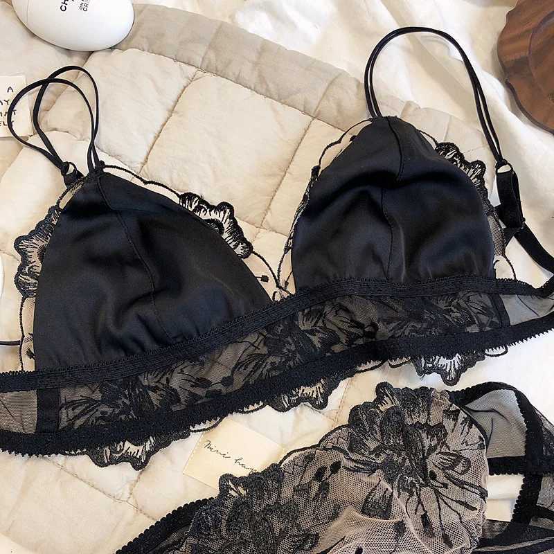 French Lace Flowers Embroidery Bra Set Sexy Ultra Thin Women Underwear New Triangle Cup Wire Free Bralette Romantic Lingerie SetXJ241212