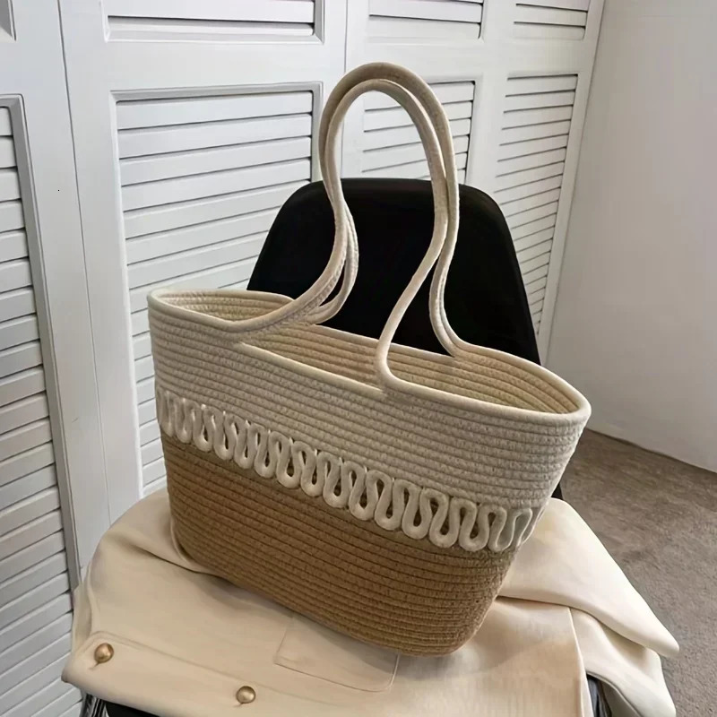 Knitting Kits Fabric Khaki Beach Bag Large Capacity Handmade Straw Summer Holiday Leisure Women Bags Shopping 241203