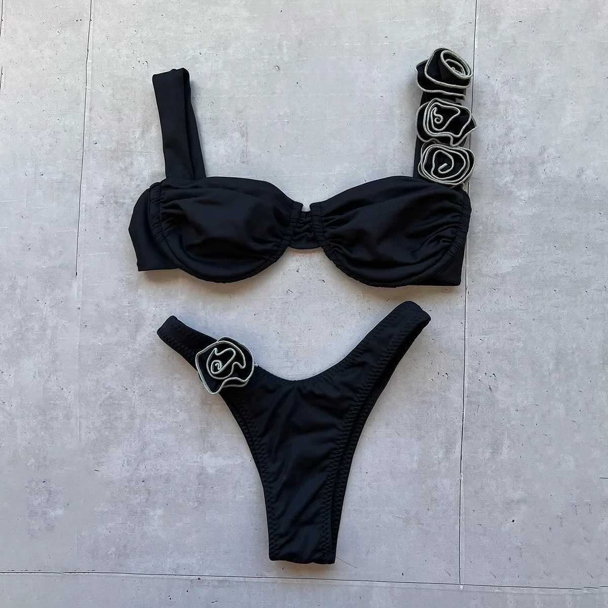2024 new bikini ropean and American bikini steel holder three-dimensional flower split womens swimsuitXJ241212