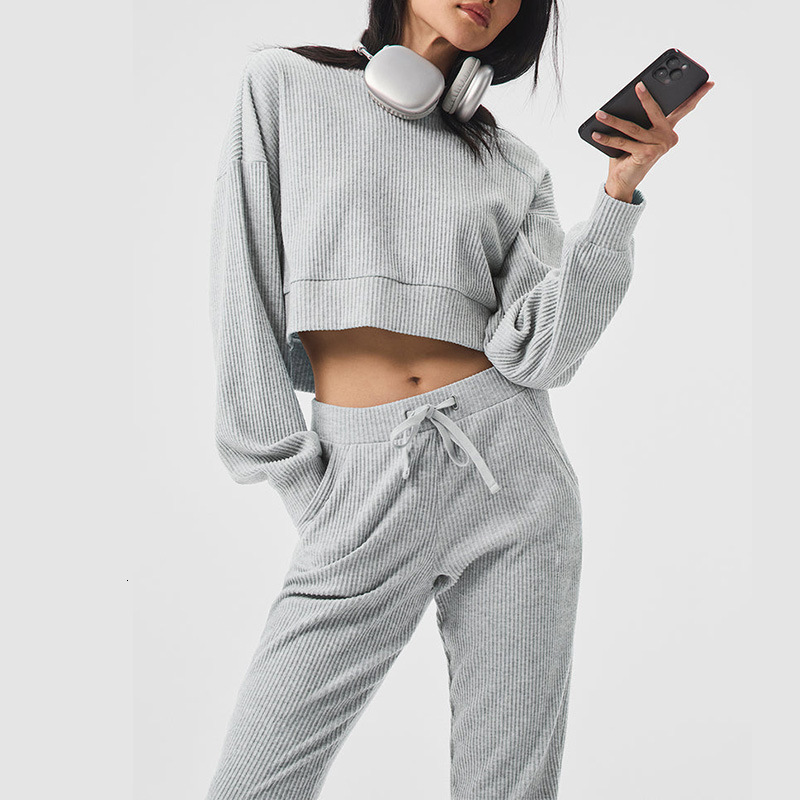 Alo Autumn Winter Corduroy Sports And Leisure Set, Pullover Hooded, Loose Fit Fitness Running Hoodie, Long Sleeved For Women