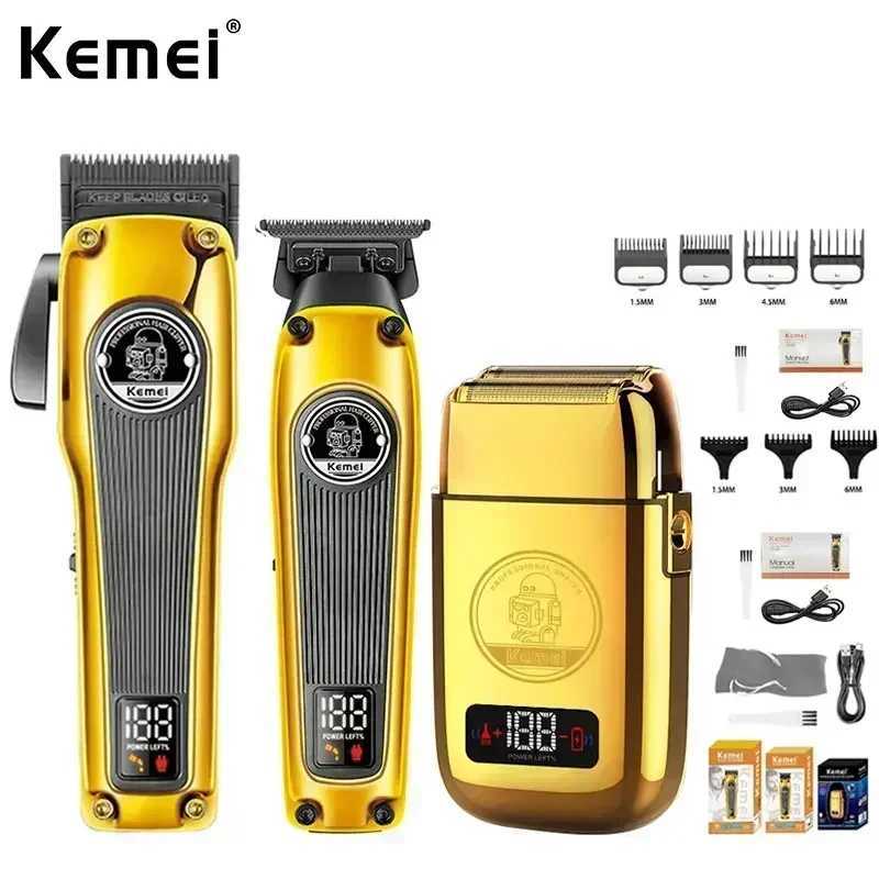 Kemei All Metal Electric Hair Clipper Set Professional Cordless Beard Trimmer Mens Shaver KM-1825 KM-1855 KM-TX3 Gold Clipper W241212