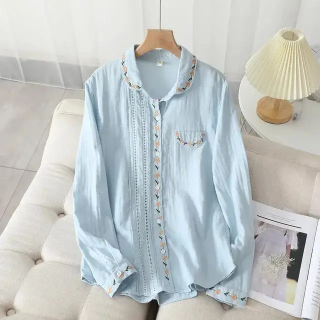 Autumn Collar Printed Casual Long Sleeve Loose Top Womens Fresh White Blue Shirt 241211