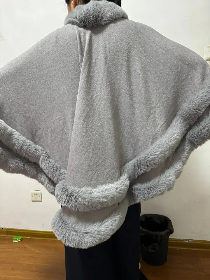 Womens thick and warm cashmere raincoat shawl 2-loop synthetic fur collar large bell swing shawl loose coat cape winter 241212