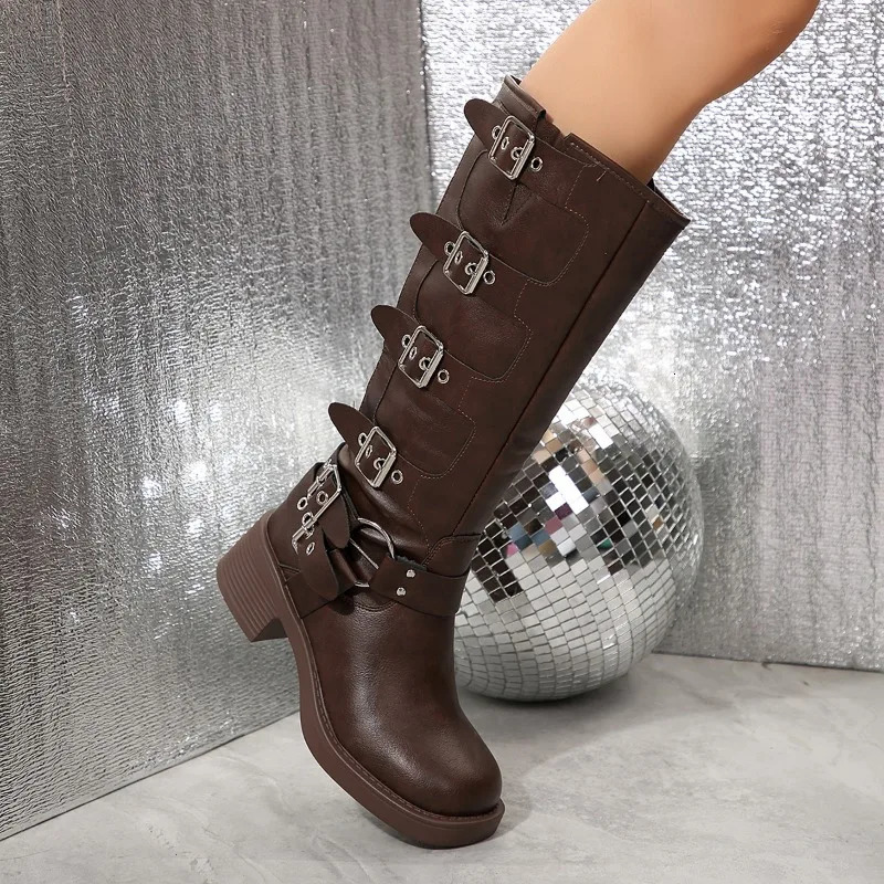 Plus Size Ladies Shoes Knee-High Womens Boots Modern Boots Women Belt Buckle Round Toe Med Heel Slip on Shoes Women 241211