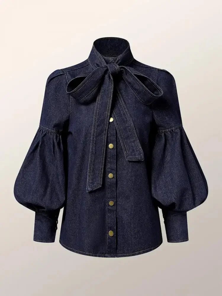 Gymstars trend s denim shirt top womens long puff sleeves bow tie high neck womens autumn shirt 241211