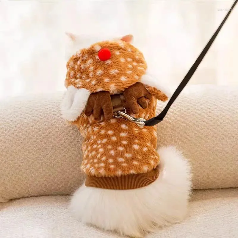 Dog Apparel Pet Christmas Plush Elk Coat Cat Winter Soft Clothes With Tow Ring Cute Ears Hoodies HF63