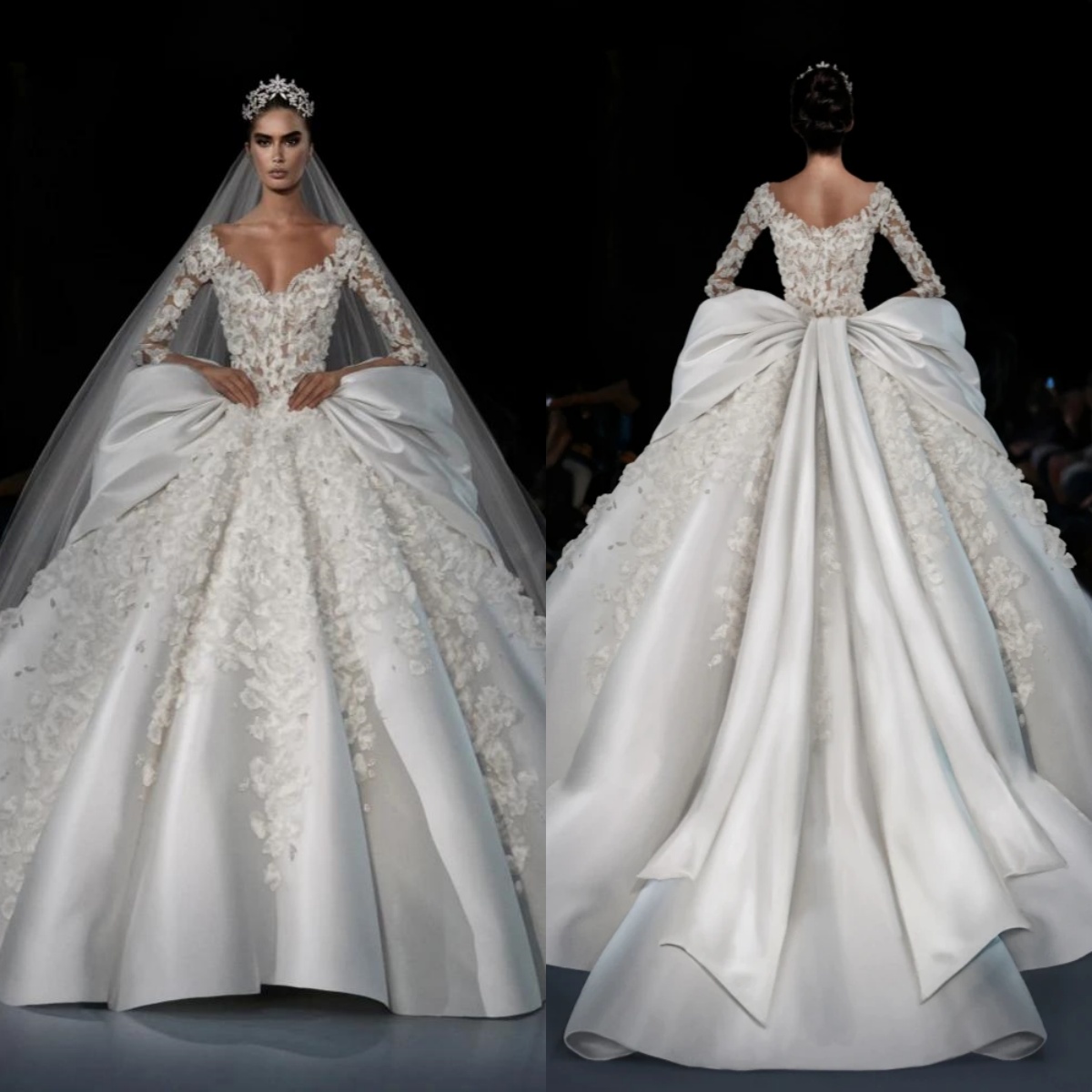 Elegant Ball Women Wedding Dress O Neck Long Sleeve Bridal Gown Appliques Bow Sweep Train Dresses Customized Vestido De Novia