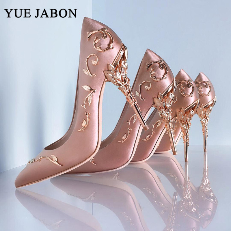 Leaves Metal Heel Pumps Women Pointed Toe Blue White Pink Black Silk Stiletto High Heels Wedding Bride Shoes 10Cm