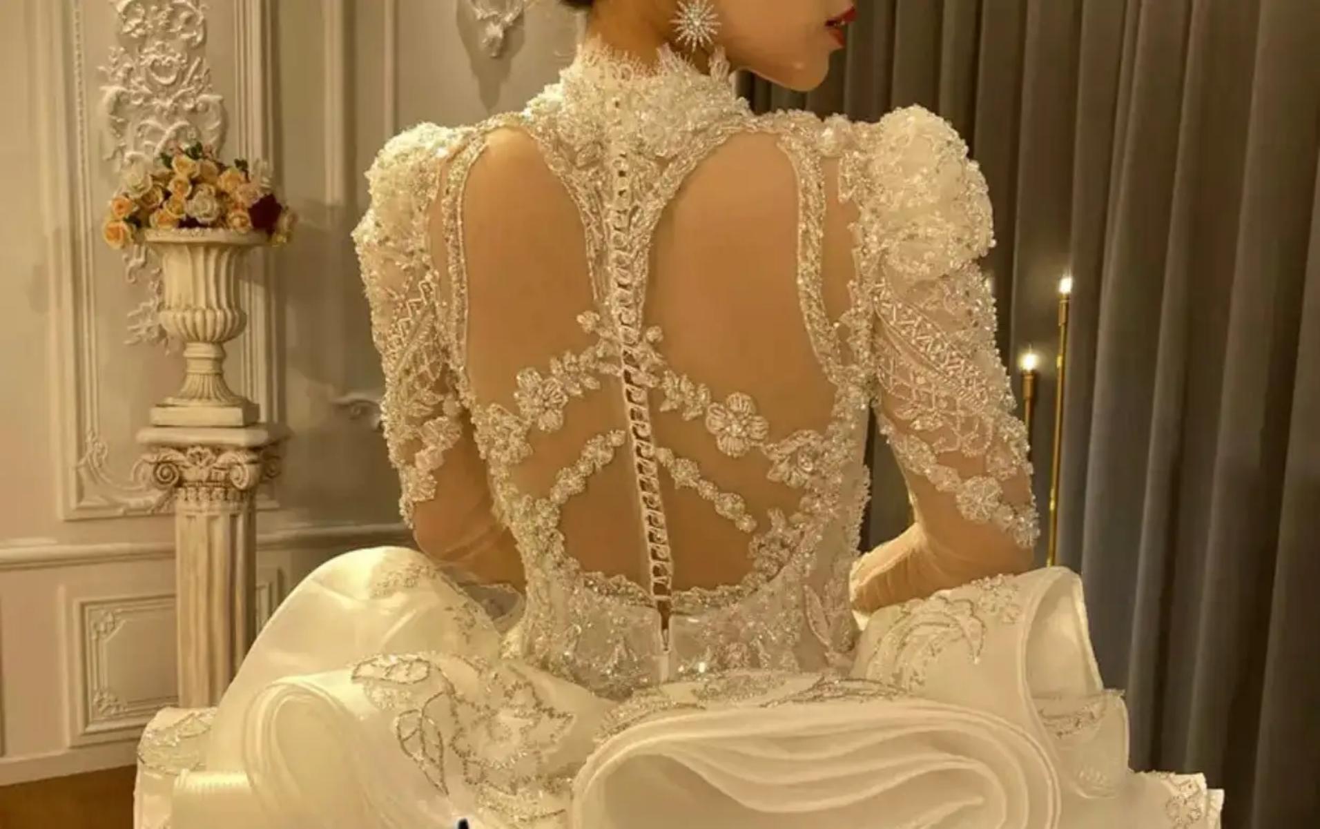 Exquisite High Collar Long Sleeve Dress Sequins Beaded Wedding Gown Court Train Bride Robe Customized Vestido De Novia