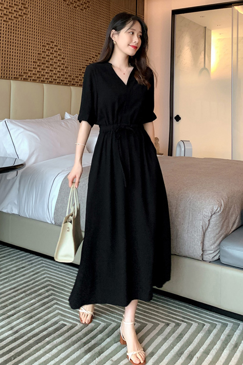 L1011 Summer Hepburn style black v-neck chiffon dress waist slimming temperament fat plus size long skirt female dress