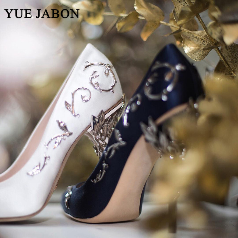 Leaves Metal Heel Pumps Women Pointed Toe Blue White Pink Black Silk Stiletto High Heels Wedding Bride Shoes 10Cm