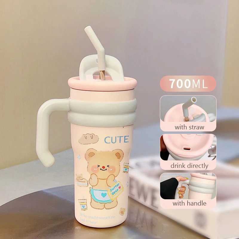 Cute Boba Bear Hot G Kawaii Coffee Cup Large Hot Water Bottle for Tea 700ml Gym Water Bottle with Handle Straw Gift Y241211