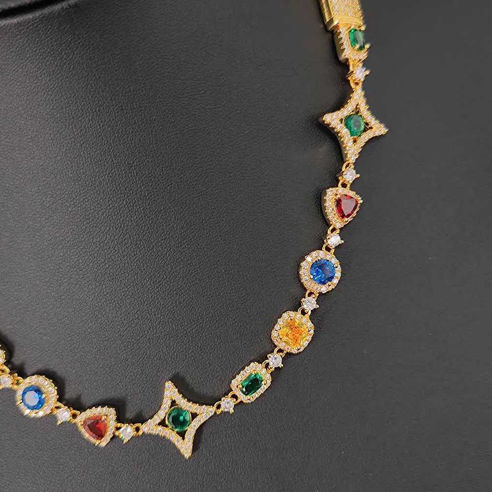 Pendant Necklaces Hip hop Jewelry Womens Colored Zircon Ice Green/Blue/Red/Yellow Crystal Gemstone Chain Necklace Gold Plated Q241212