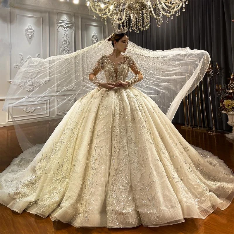 Gorgeous O-neck Long Sleeve Dress Sequins Beaded Wedding Gown Dubai Sweep Train Bride Robe Customized Vestido De Novia