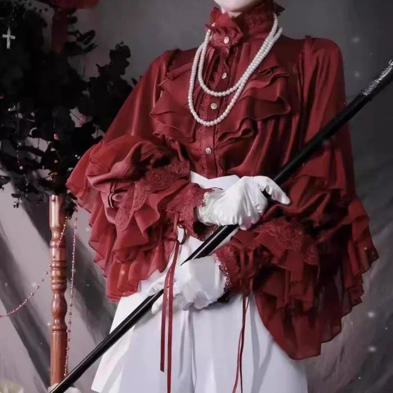 Japanese Kawaii girl cute Lolita lantern sleeves summer Y2K fashion lace patch work shirt top women JK loose blue shirt 241211