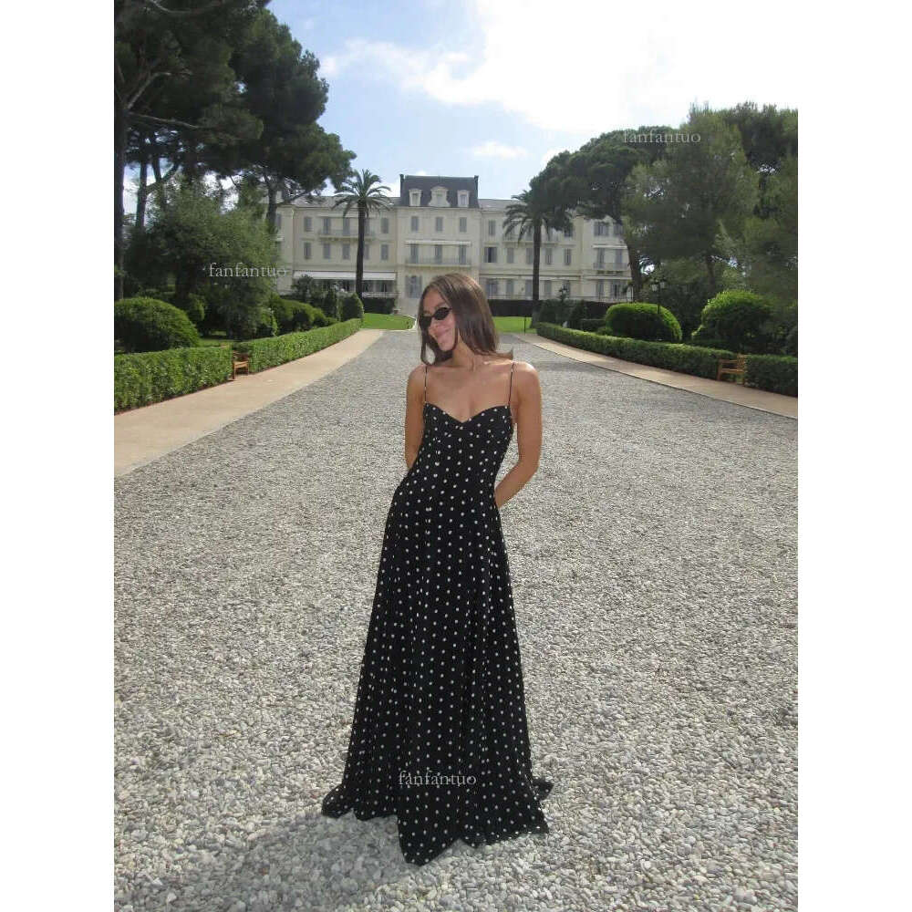 Polka dot print spaghetti strap pants for 2024 summer classic high waisted Aline party dress lace streetwear long skirt 240809