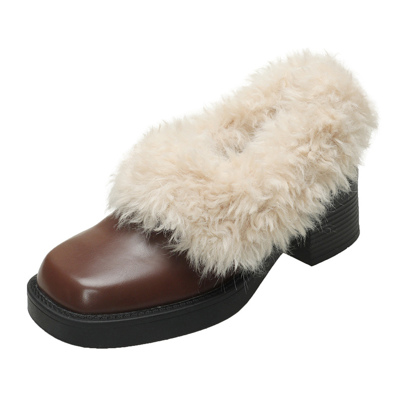 Women Casual Shoes:In Stock Square Toe Plush Warm Coarse Heel Loafers Shoes French Mary Jane Shoes Leather Shoes,Black/Brown,Free shipping