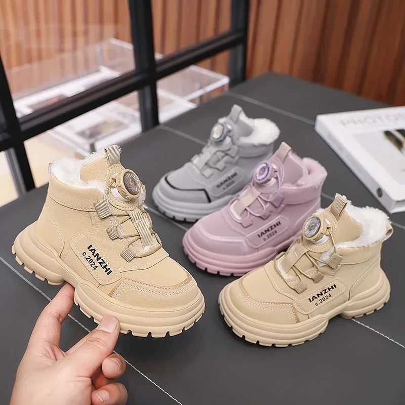 Boots Boys Girls Sneakers with Rotating Button Students Running Shoes Thick Soft Sole 2024 New Fashion Children Sports Non-slip H241212DS99