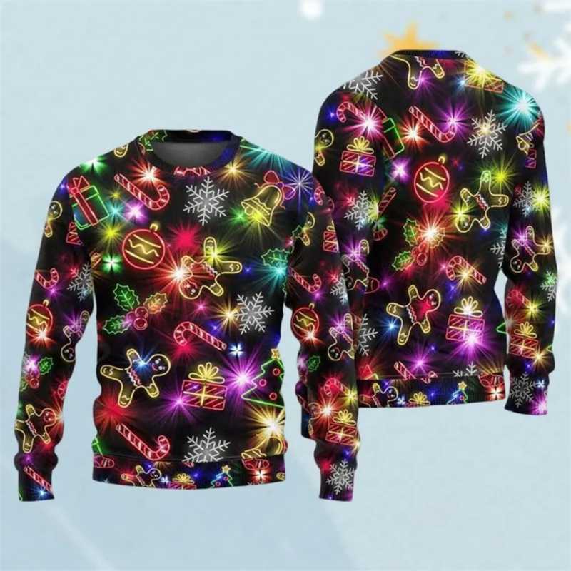 3D printed Christmas ugly sweater with colorful patterns mens holiday Pullover top snowman gingerbread 2025 fashion trend sweater W2401211
