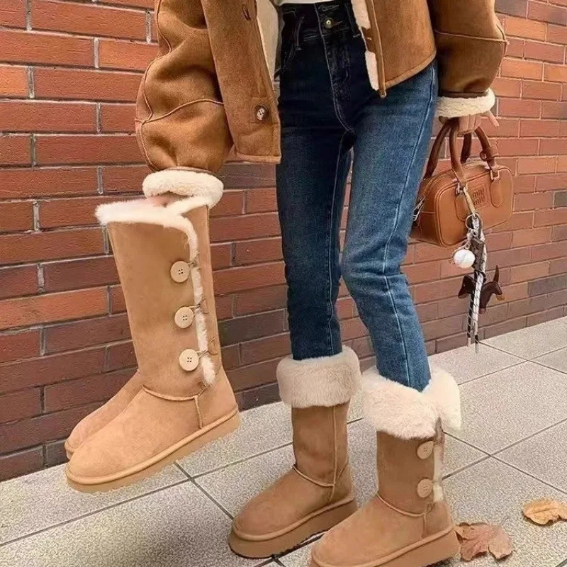 Ladies Shoes Mid-Calf Womens Boots Warm Snow Boots Women Buttons Round Toe Flat with Platform Slip on Outdoor Shoes Female 241211