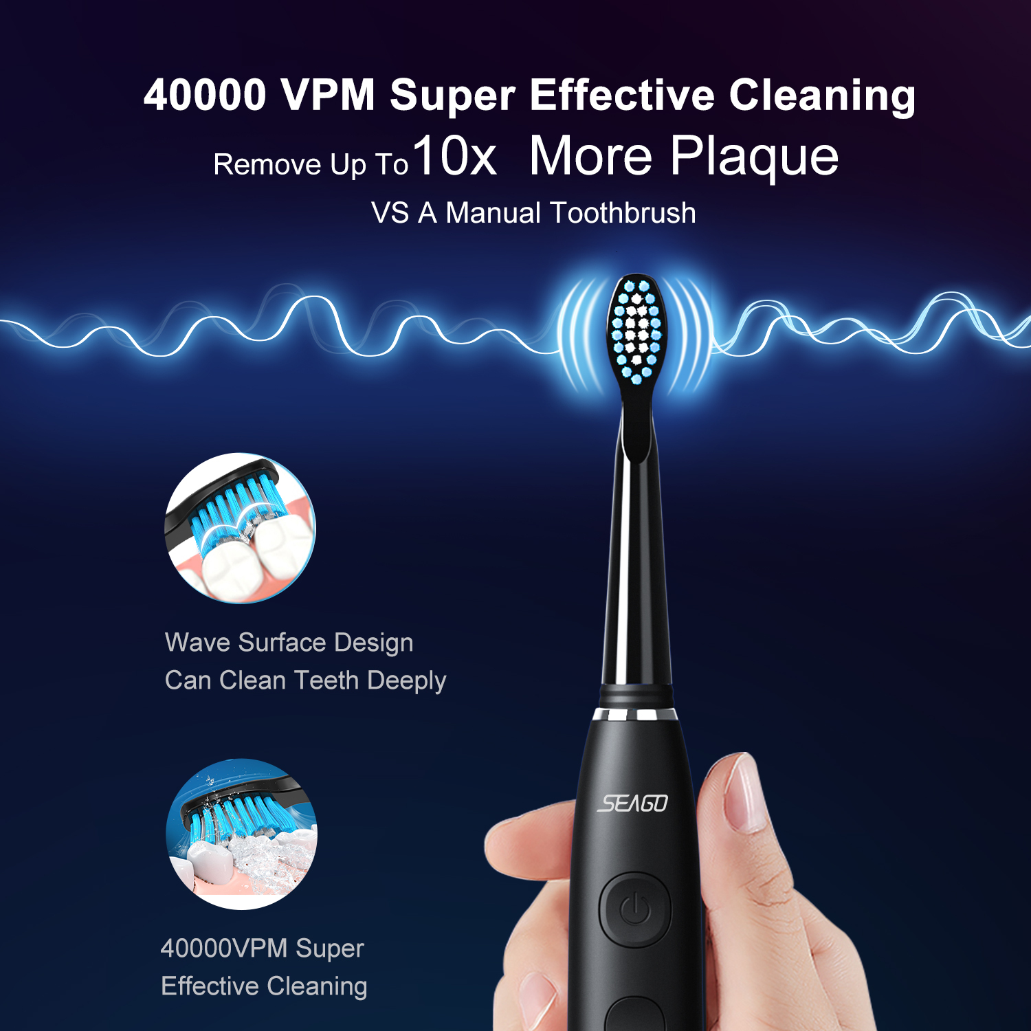 Seago Electric Sonic Toothbrush USB Rechargeable Adult 360 Days Long Battery Life Ipx7 4 Replacement Heads Travel Box Sg-575