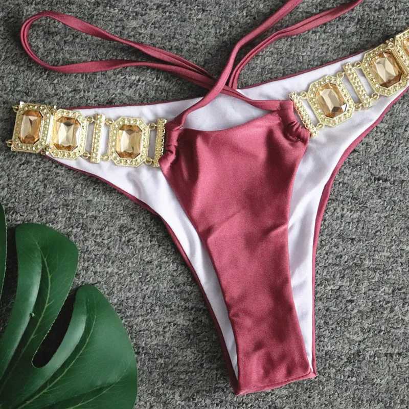 2024 Rhinestone Two 2 Piece Swimsuit Fa Luxury Crystal Sexy Thong String Bikini Set Women Swimwear Beach Wear Bathing SuitXJ241212
