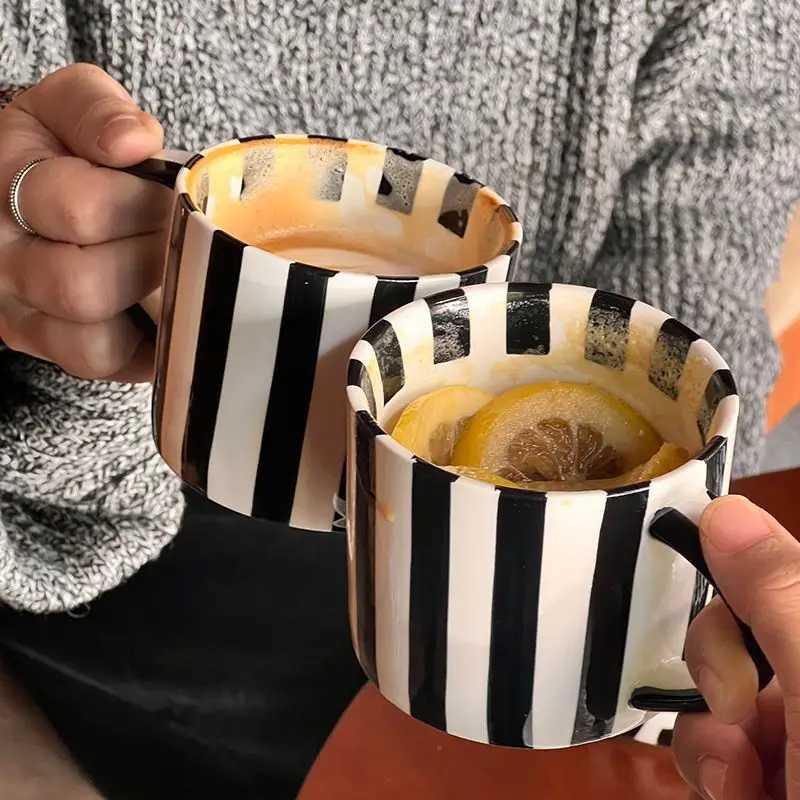 200ml ceramic coffee cup and sauce set hand-painted striped retro water cup black and white style striped afternoon tea GS Y241211