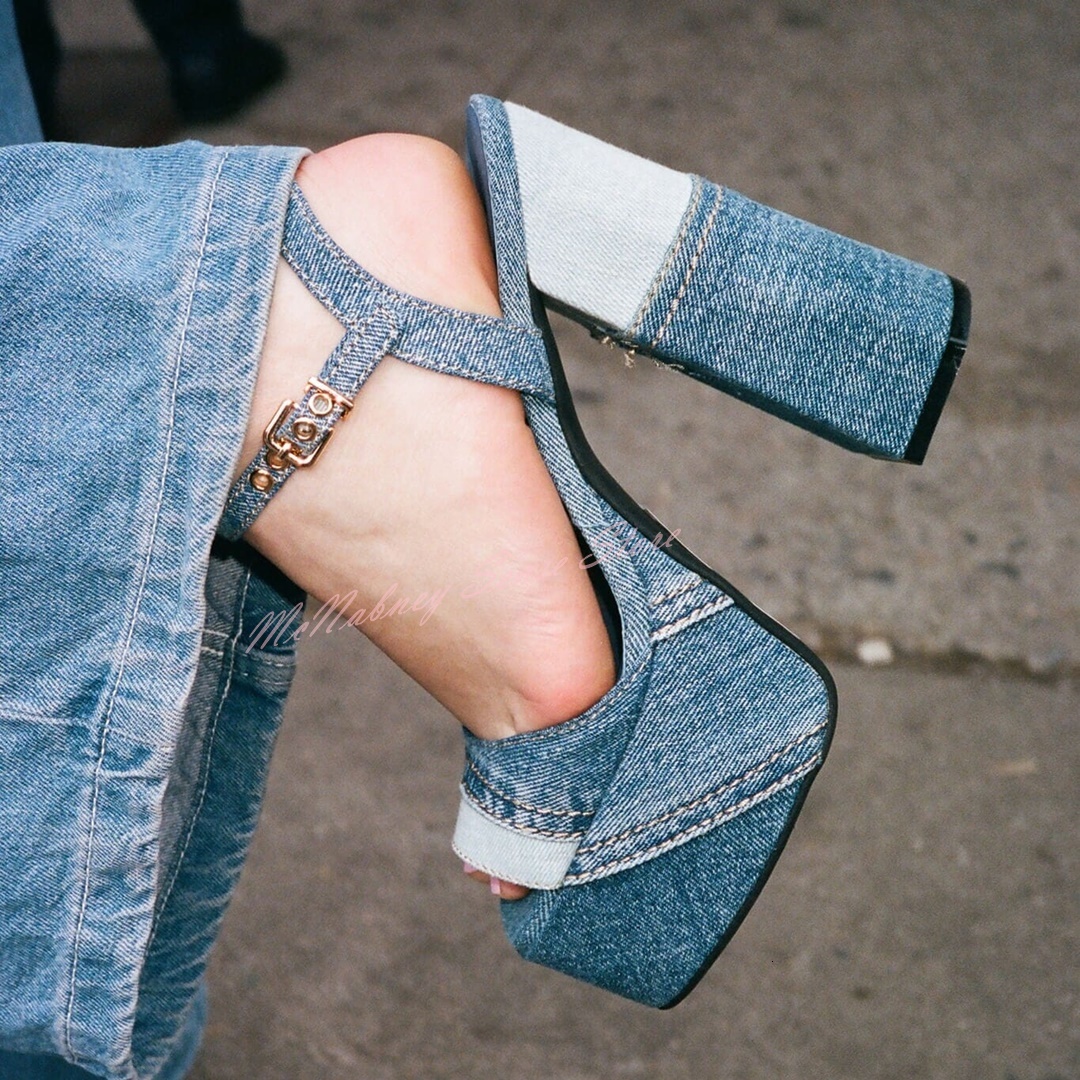 Denim Patchwork Open Toe Platform Buckles Strap Thick High Heels Sandals Women Sexy Summer Party Designer Shoes