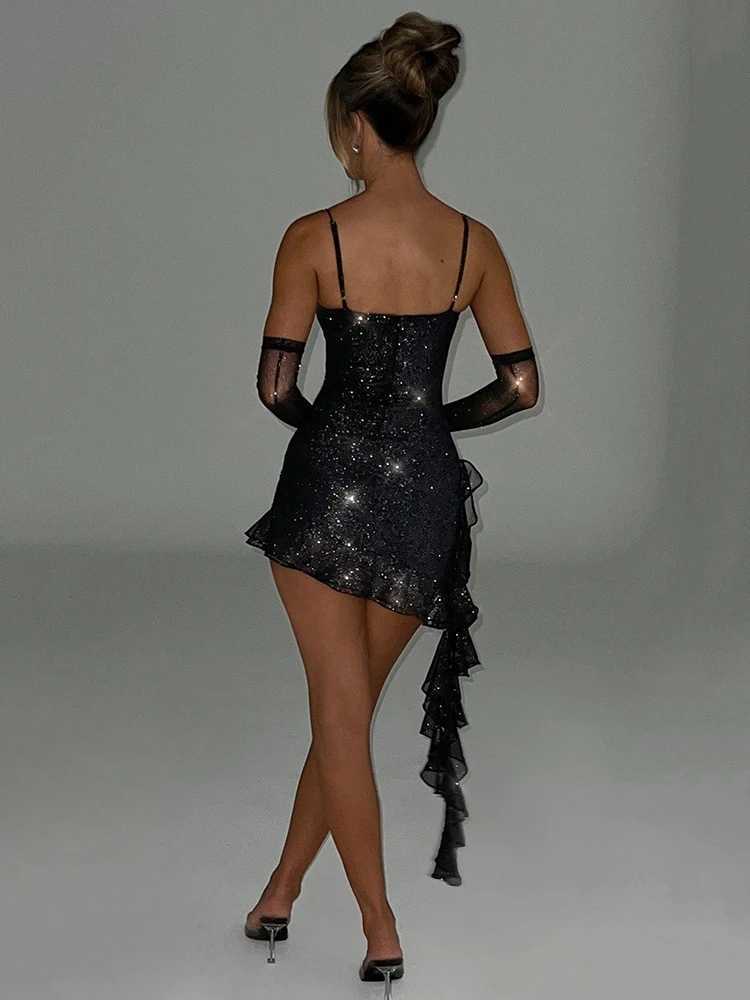 Urban Sexy Dresses Mozision Elegant Strapless Ruffle Sexy Mini Dress For Women Fashion Off-shoulder Backless Sequins Sparkle Club Party Dress Y241212F