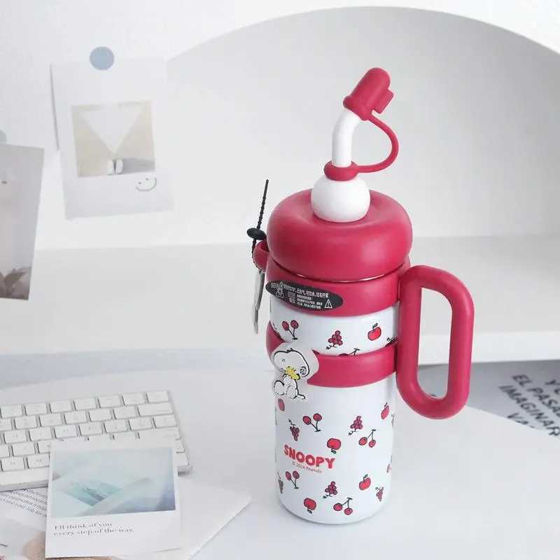 New cartoon cute straw filled cup large capacity water cup ceramic lined straw cup stainless steel cup Y241211
