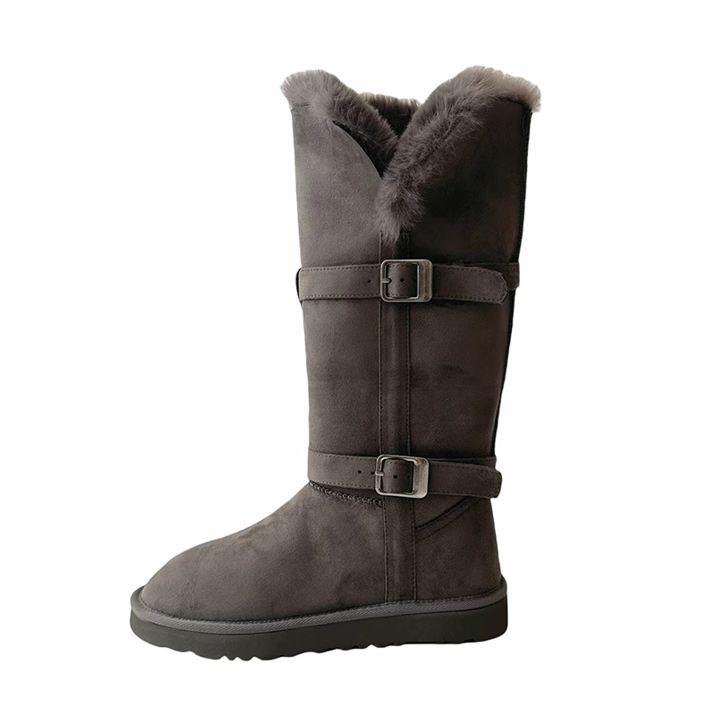 Grey thick sole fashion high tube plus cashmere warm snow boots 2025 winter new belt buckle short tube women's cotton shoes