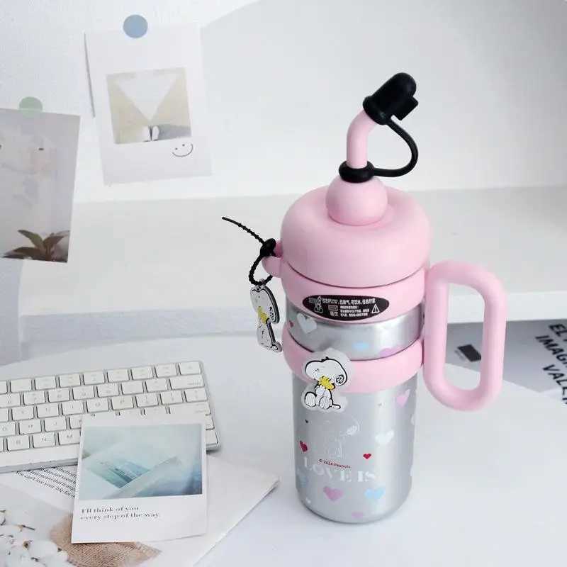 New cartoon cute straw filled cup large capacity water cup ceramic lined straw cup stainless steel cup Y241211