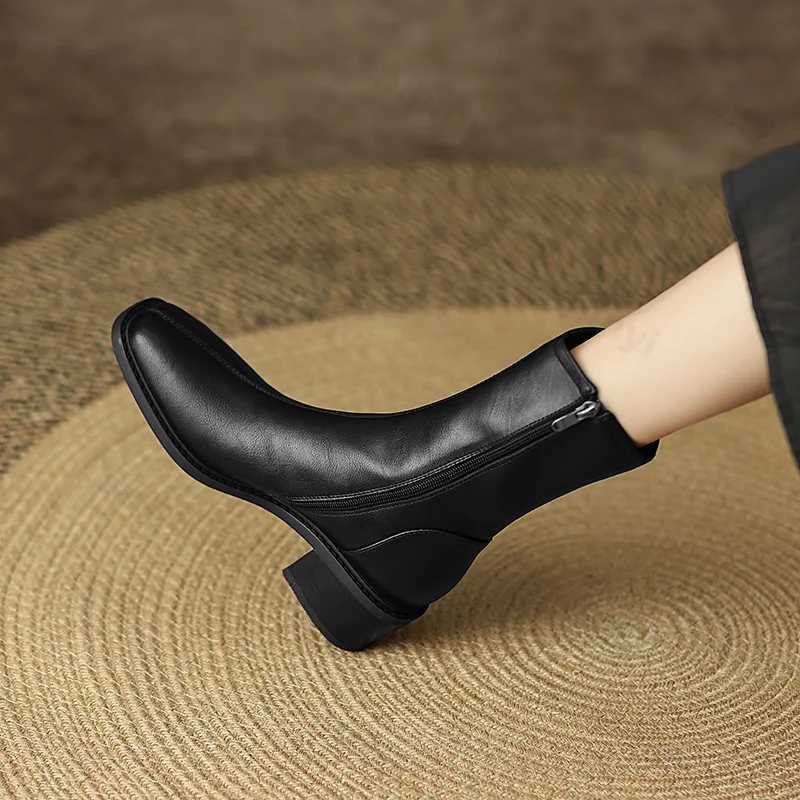 2025 New PU Leather Ankle Boots for Women Shoes Fi Side Zipper Outdoor Ladies Footwear Low Heel Short Black Botas De MujerXJ241212