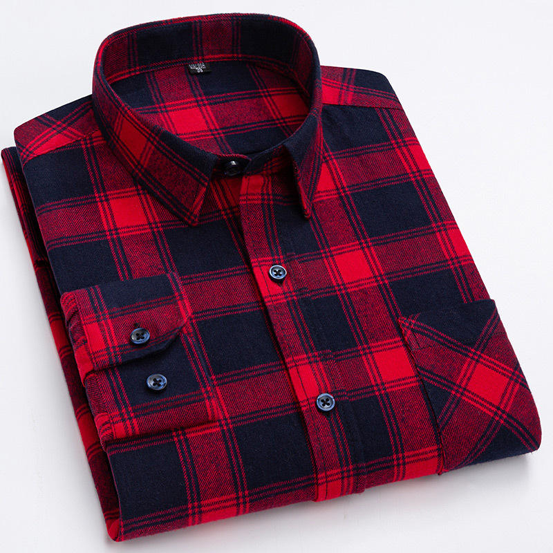 Men's Cotton Polished Plaid Shirt Long Sleeve Autumn Casual Business Pure Cotton Shirt Men Casual Shirts Fashion Tops Coats