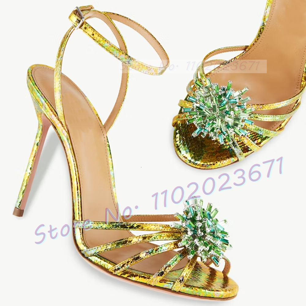 Colorful Wer Gold With High Heels Women Glossy Print Leather Shoes Fashion Party Female Ankle Strap Dress Sandals