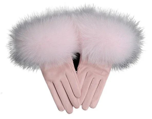 Sheepskin Natural Fox Fur Decorative Gloves Womens Genuine Leather Wrist Warmth Gloves Winter Warmth Fashion Gloves Wool Lining 241212