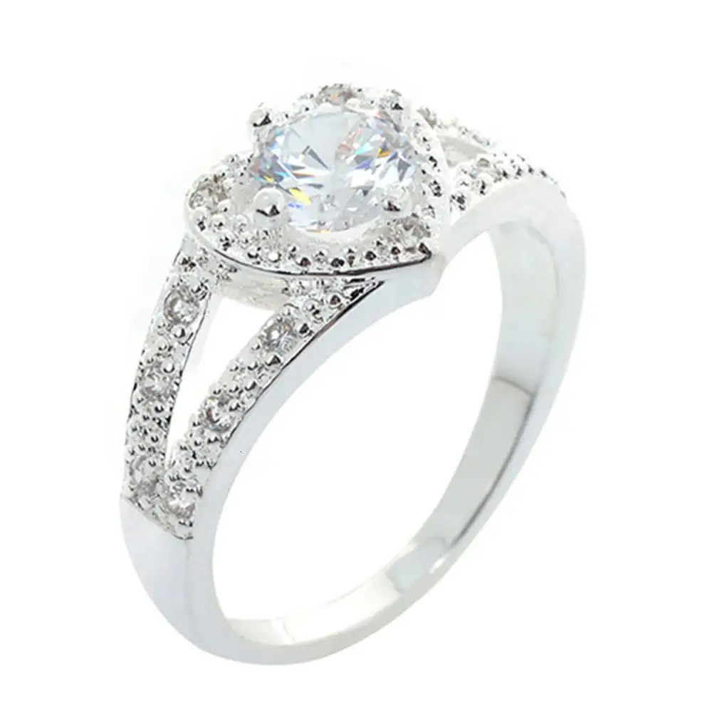 Womens 925 sterling silver crystal love heart ring brides wedding jewelry 241210