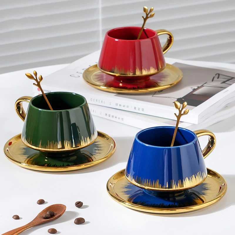 300ml Nordic Light Deluxe Gold Plated Coffee Cup Creative Premium He Ceramic Water Cup Simple Detachment Plate Set Y241211