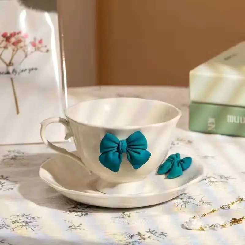 White ceramic coffee cup sauce Exquisite Bow g English Afternoon lia Flower Tea coffee cup breakfast g birthday gift Y241211
