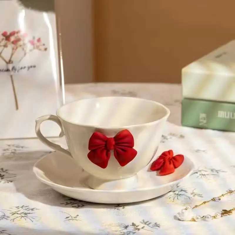 White ceramic coffee cup sauce Exquisite Bow g English Afternoon lia Flower Tea coffee cup breakfast g birthday gift Y241211