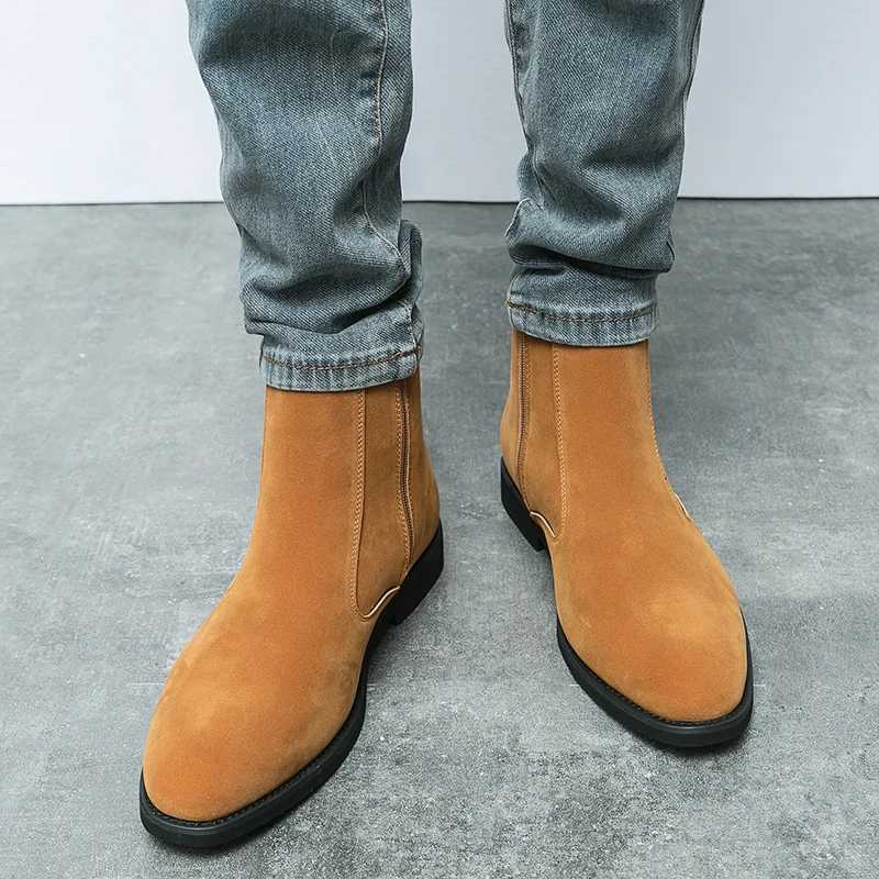 Chelsea Boots Men Faux Suede High Top Solid Low Heel Side Zipper Business Formal Boots Professial Classic Fi Denim BootsXJ241212