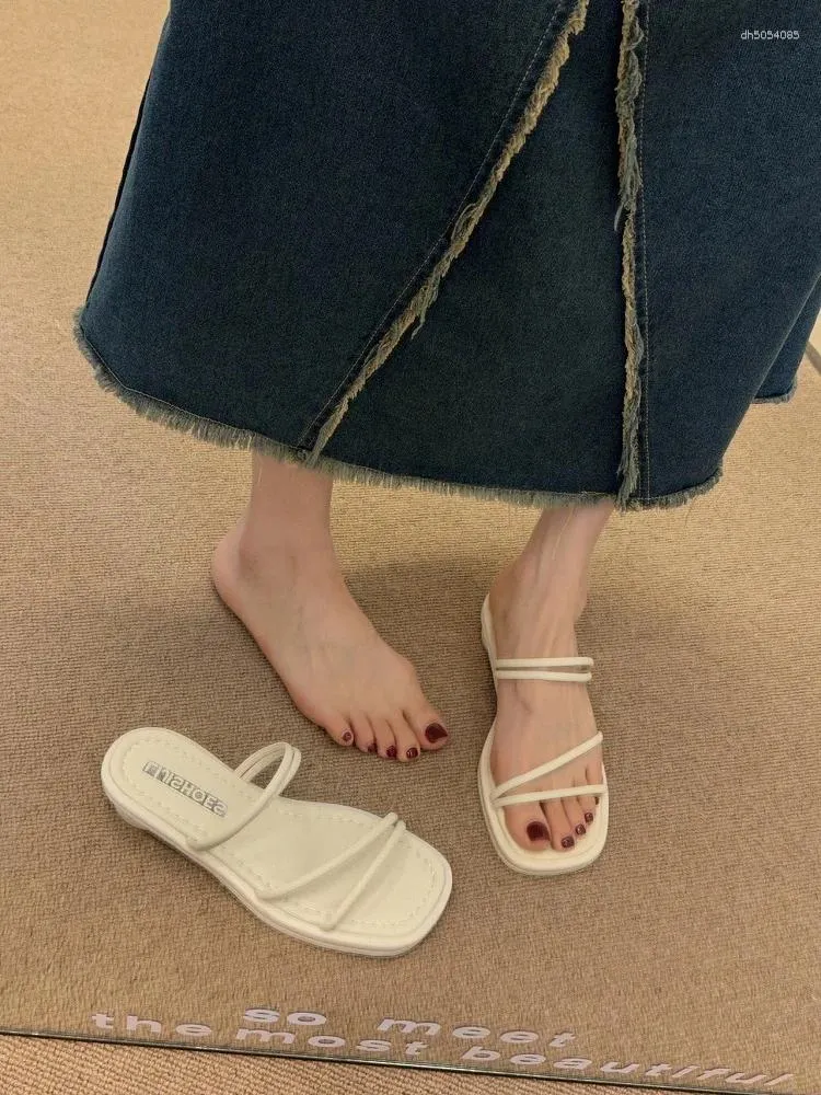 Slippers Shoes Square Heel Ladies' Low Rubber Flip ps Slipers Women Block Hawaiian Soft 2024 Summer Fabric Rome PU Slides Hoo