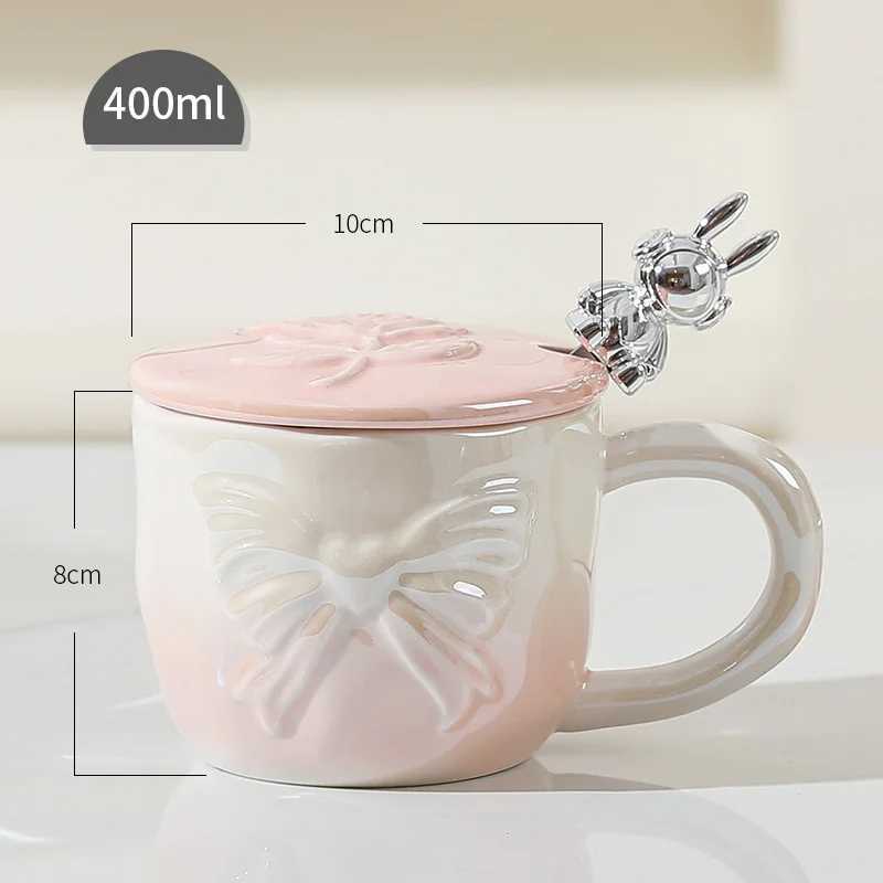 Creative Gradient g Pearlescent Gla Ceramic g Bow Tie Coffee g Lid n Spoon Gift for Friends and Family Y241211