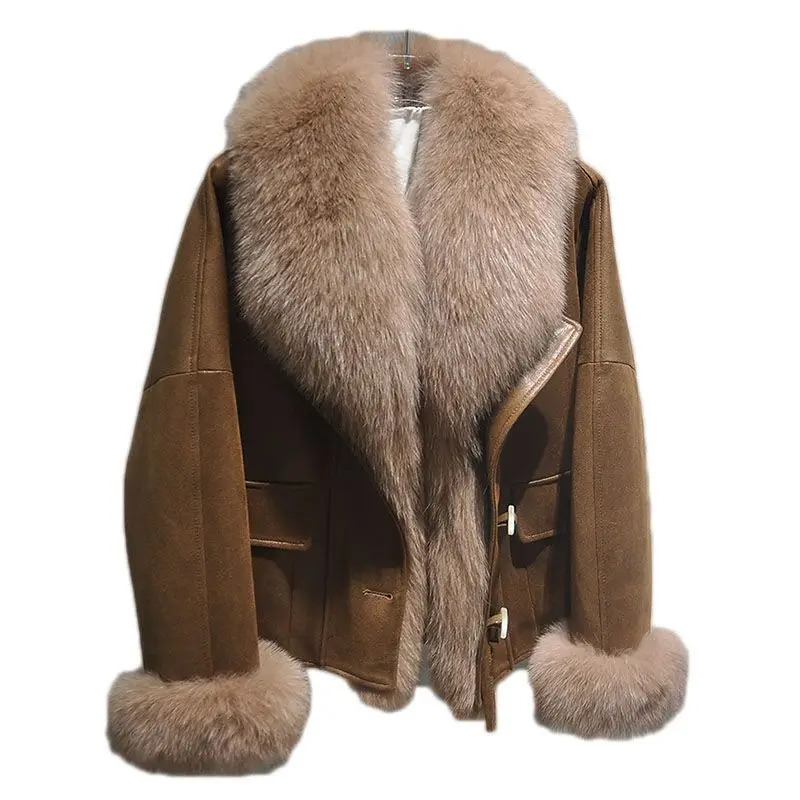 Full leather big fur collar coat womens short 2025 winter padded clothing fashion T790 241212