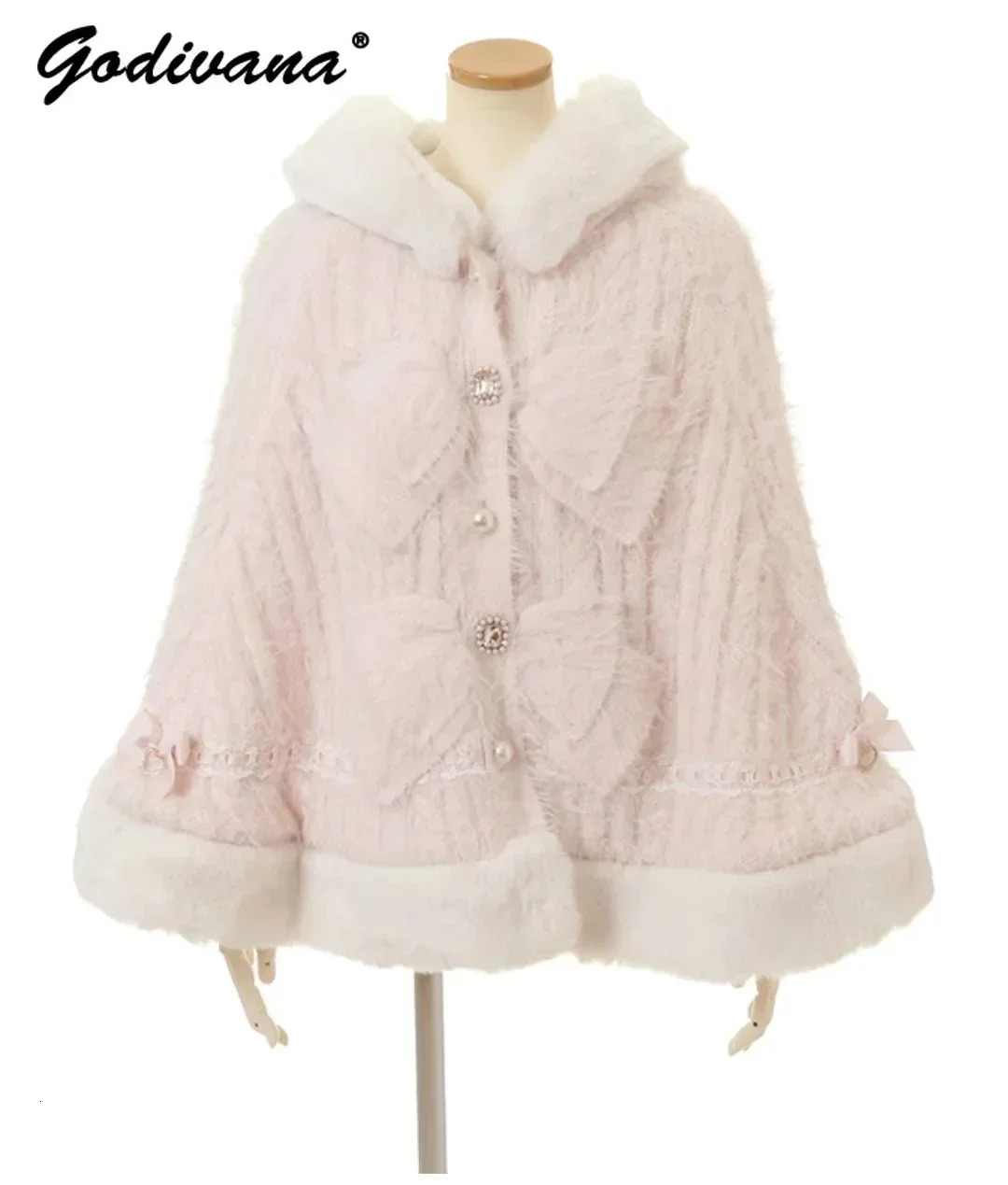 Japanese Sweet Soft Thick Womens Double layer Large Ribbon Hooded Knitted Cloak 3-Color Autumn and Winter Raincoat Warm Jacket 241212