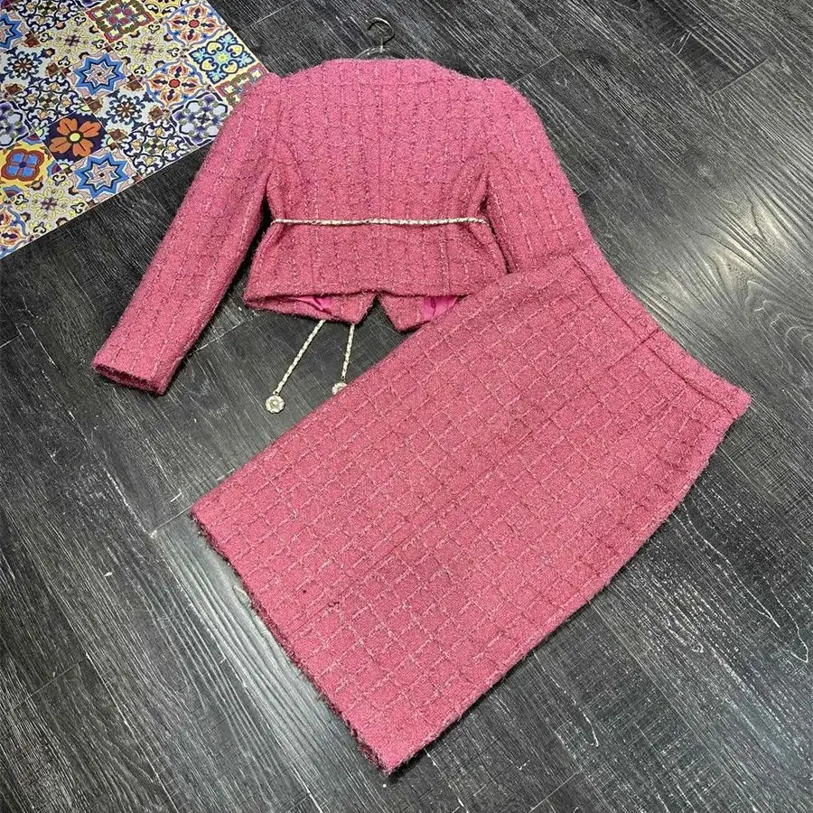 TwoPiece Set for Women Cropped Tweed CoatSplit Half Skirt Elegant Female Slim Fitting Suit Casual and Trendy Spring 241211