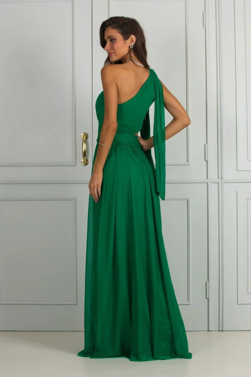 Fashionable Green Ribbon Party Sexy One Shoulder Hollow Evening Elegant Sleeveless Womens Ball Dress 241211