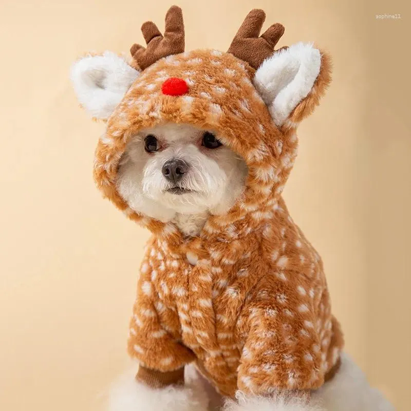 Dog Apparel Pet Christmas Plush Elk Coat Cat Winter Soft Clothes With Tow Ring Cute Ears Hoodies HF63