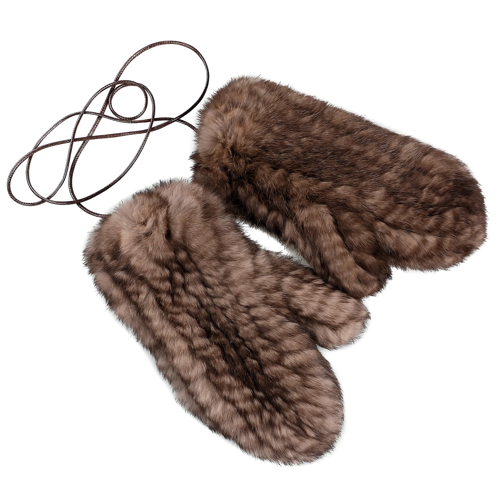 Womens Genuine Rabbit Fur Knitted Mittens-Soft Winter Cold Weather Gloves-Removable Rope String 241212