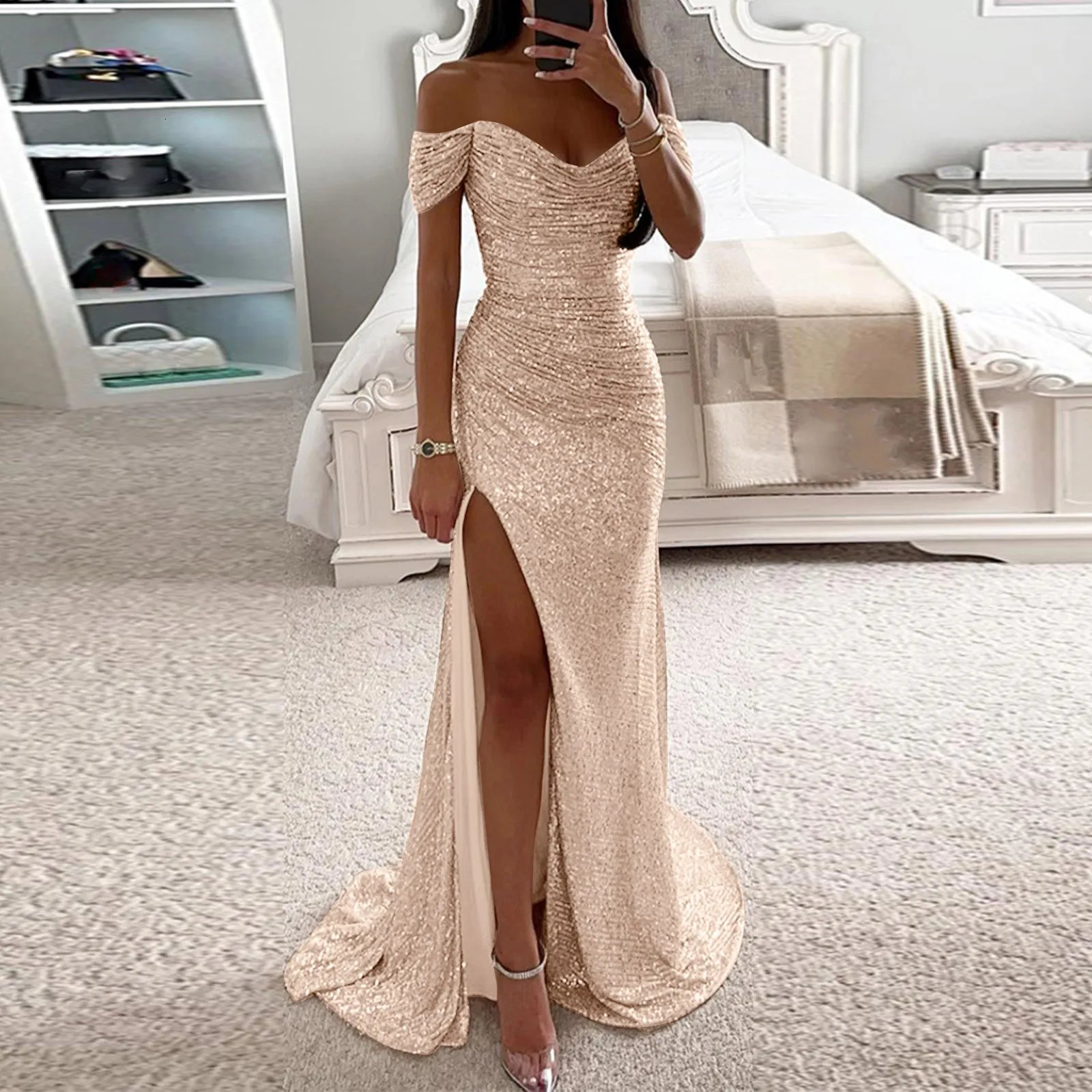 Party Prom Womens Sexy Dress Fashion Sequins Short Sleeve Pure Color Women Off Shoulder High Split Dress Summer Ball Gown 241211
